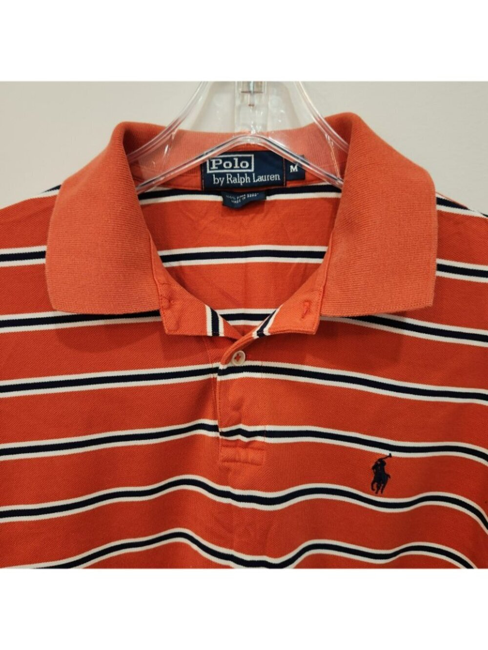 Vintage Polo Ralph Lauren Polo Shirt Pima Cotton Mesh Orange Stripes Mens Medium - Picture 2 of 8